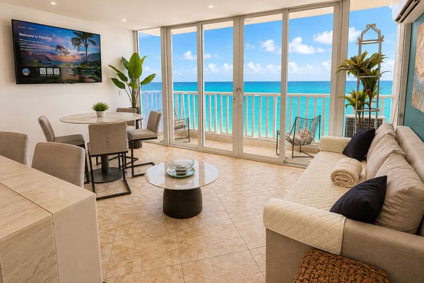 Beachfront hotel room with queen bed, ocean view balcony, and blue carpet flooring