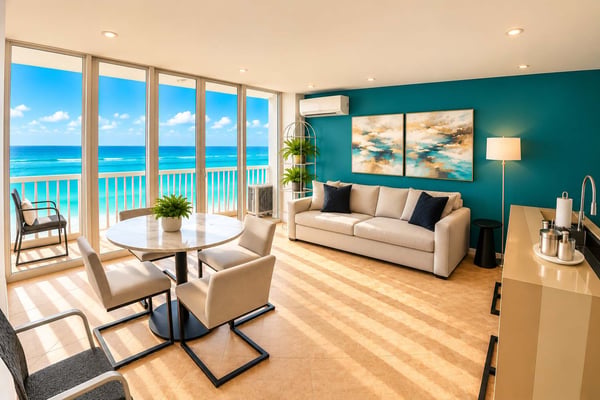 Beachfront hotel room with queen bed, ocean view balcony, and blue carpet flooring