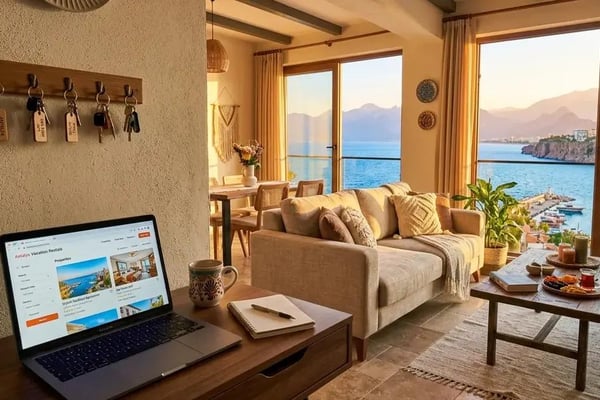 Modern beachfront condo living room with ocean view, cream sofa, dining table, and glass doors opening to turquoise water balcony.