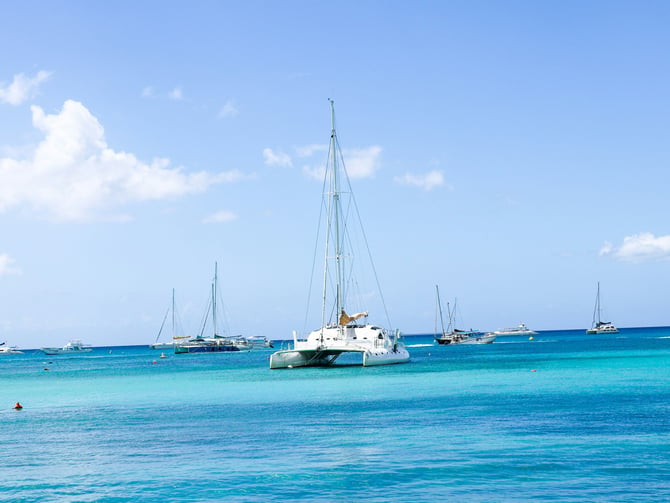 Catamaran on turquoise Caribbean water